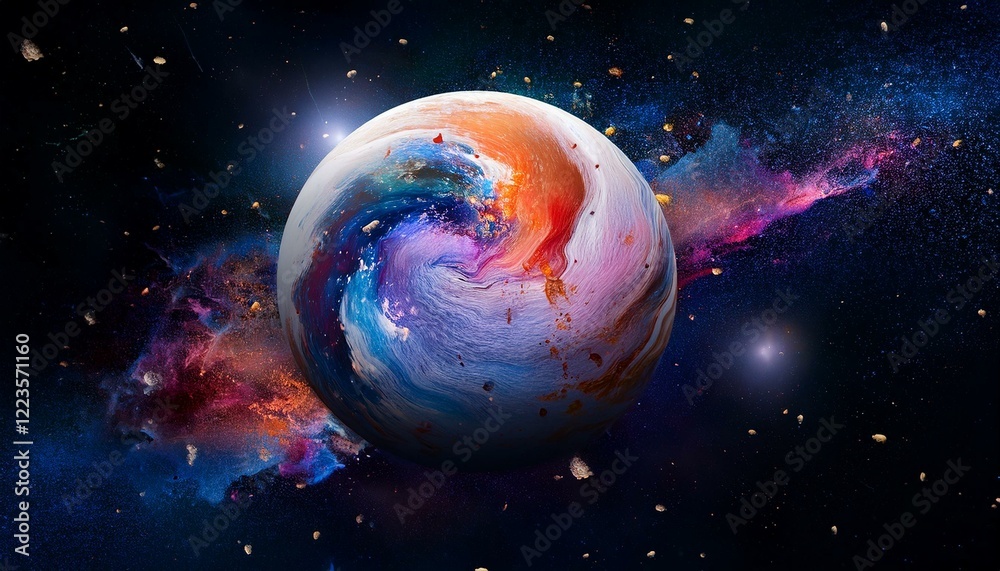 Obraz premium 암흑 공간에 떠있는 독특한 색상의 구형 행성