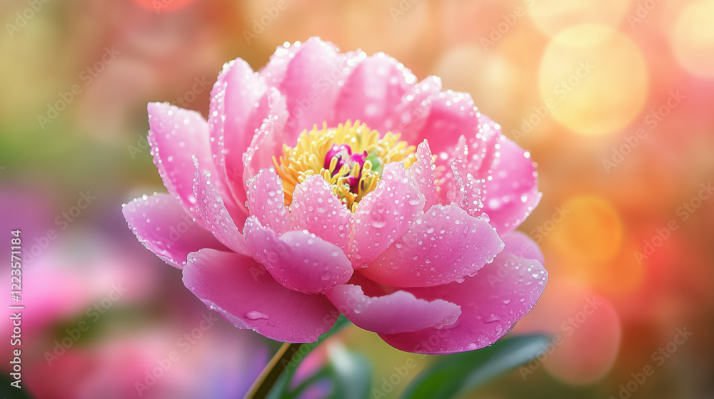 Vibrant Macro Shot of a Pink Peony Flower’s Center with Green and Violet Dew Drops on Petals Against a Blurred Colorful Background Vibrant Macro Shot of a Pink Peony Flower’s Center with Green and Violet Dew Drops on Petals Against a Blurred Colorful Background