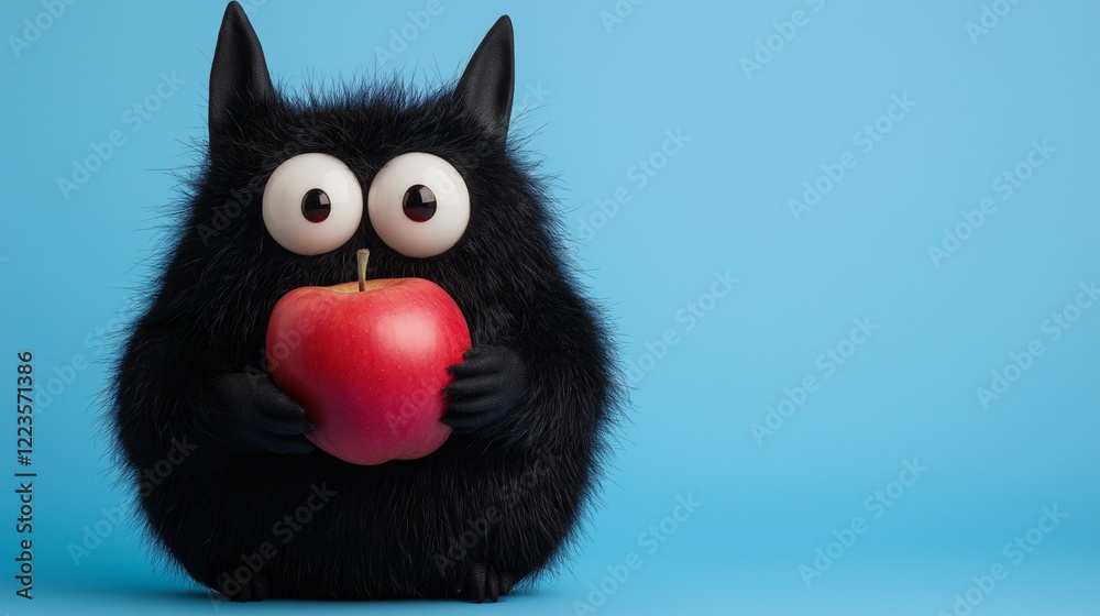 Fototapeta premium cute furry alien bat holding a fresh apple, studio background