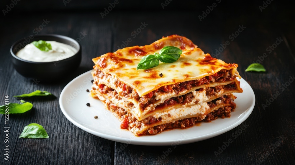 A classic Italian lasagna with layers of rich meat sauce, creamy béchamel, and melted cheese A classic Italian lasagna with layers of rich meat sauce, creamy béchamel, and melted cheese