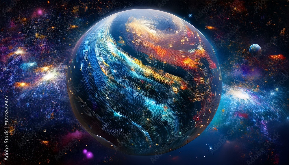 Obraz premium 암흑 공간에 떠있는 독특한 색상의 구형 행성