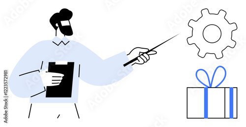 Man holding a clipboard pointing at a gear and a wrapped gift box. Ideal for business strategies, corporate training, reward systems, project management, process improvement, efficiency