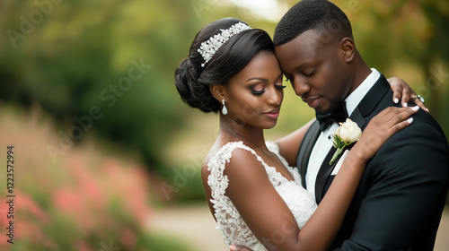 Romantic newlywed couple embracing in a lush garden, symbolizing love, commitment, and elegance, perfect for wedding invitations, bridal magazines, and relationship blogs photo