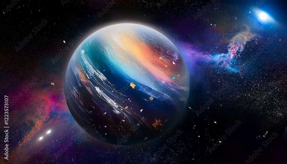 Obraz premium 암흑 공간에 떠있는 독특한 색상의 구형 행성