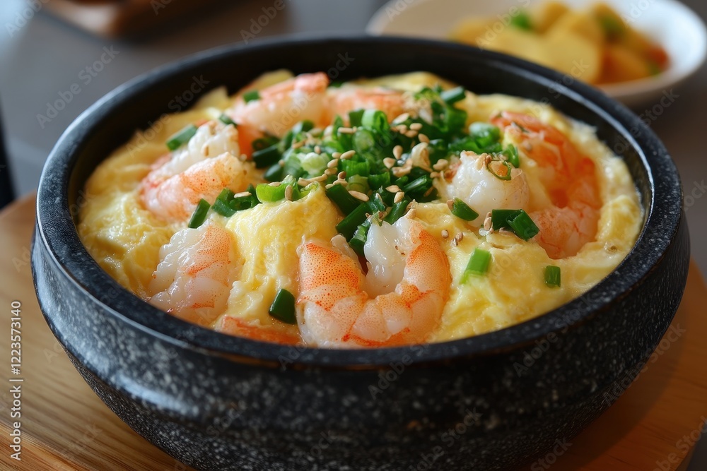 Korean steamed egg dish Gaeran Jjim features eggs water and shrimp Once steamed garnish with chopped spring onion and ebiko roe served in a hot stone bowl Korean steamed egg dish Gaeran Jjim features eggs water and shrimp Once steamed garnish with chopped spring onion and ebiko roe served in a hot stone bowl