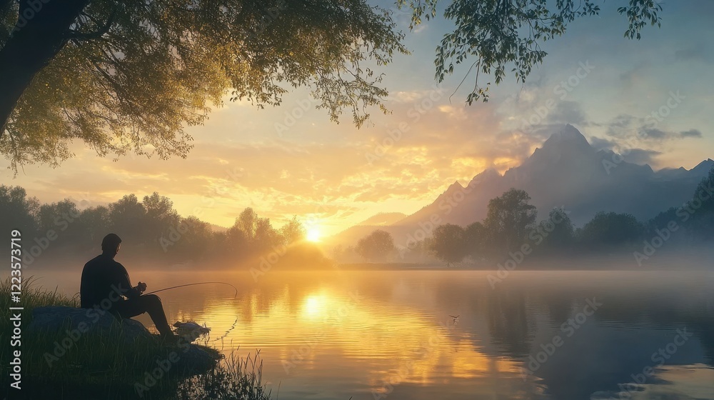 Serene sunset fishing by a lake with mountain view Serene sunset fishing by a lake with mountain view