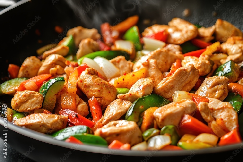 Korean stir fried vegetables and chicken in gochujang sauce cooked in a large pan called Dak Galbi Korean stir fried vegetables and chicken in gochujang sauce cooked in a large pan called Dak Galbi