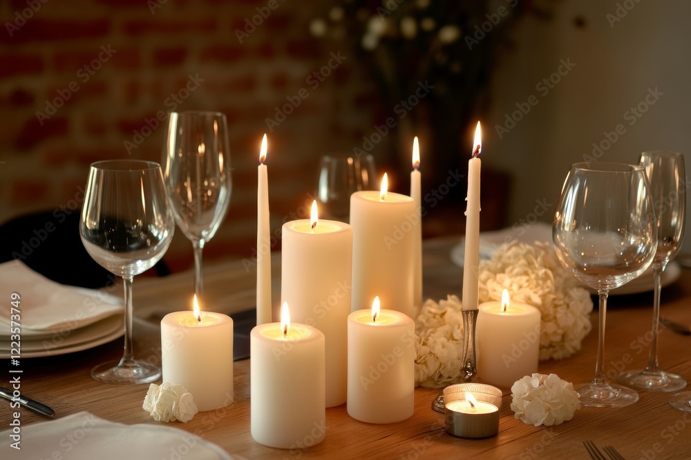 Soft flickering flames from several candles create a warm and inviting atmosphere for a romantic dinner. The table is elegantly arranged with glassware, napkins, and delicate flowers Soft flickering flames from several candles create a warm and inviting atmosphere for a romantic dinner. The table is elegantly arranged with glassware, napkins, and delicate flowers