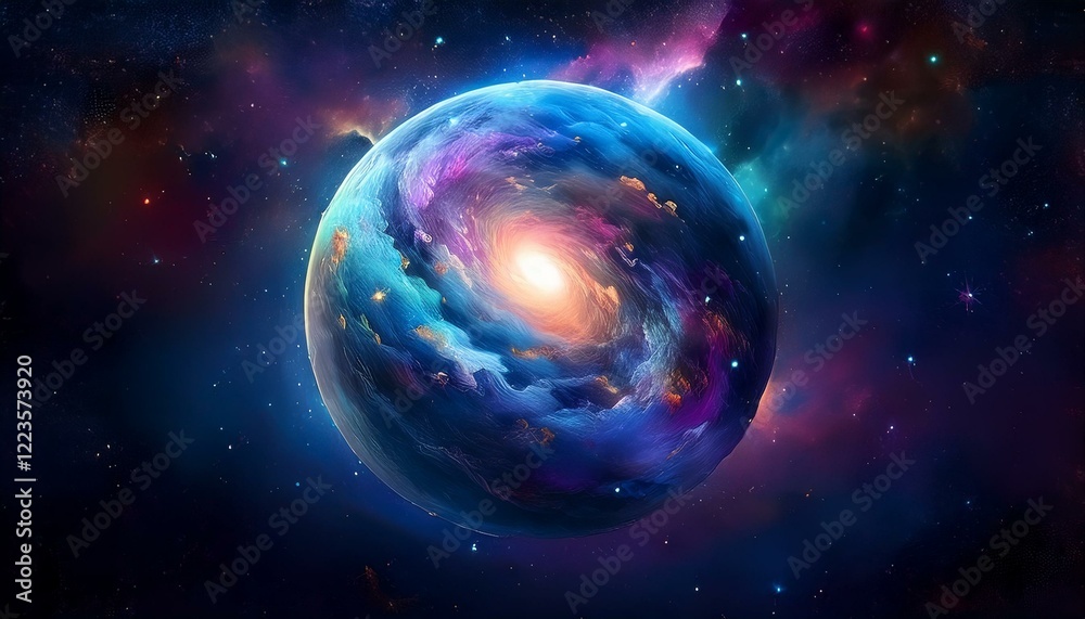 Obraz premium 암흑 공간에 떠있는 독특한 색상의 구형 행성