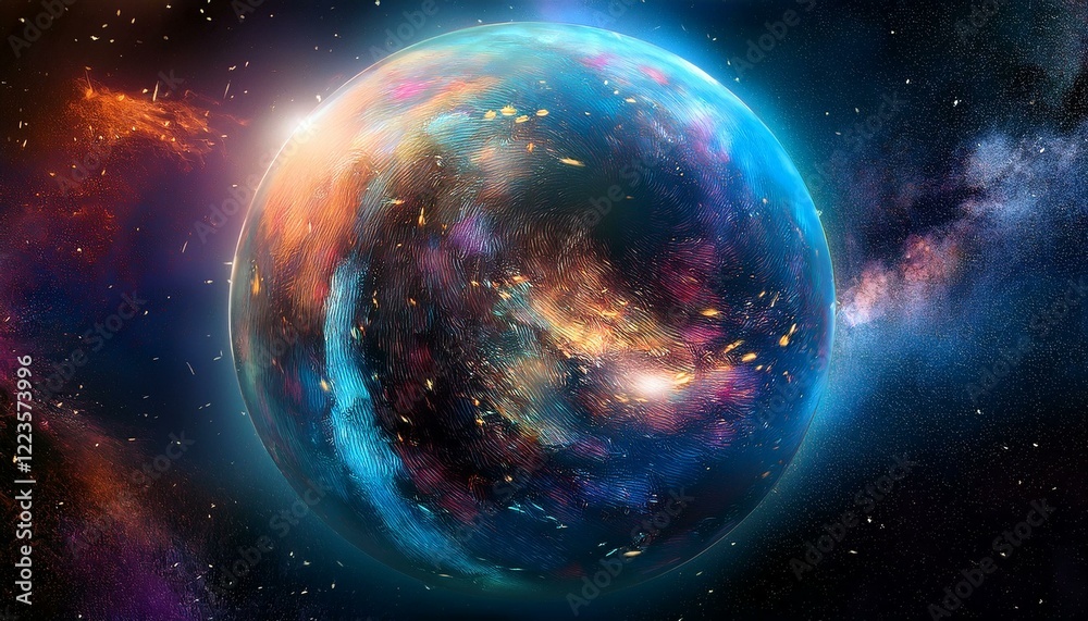 Obraz premium 암흑 공간에 떠있는 독특한 색상의 구형 행성