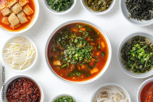 Korean street food Eomukguk a fish cake soup with spicy gochujang on a white table photo