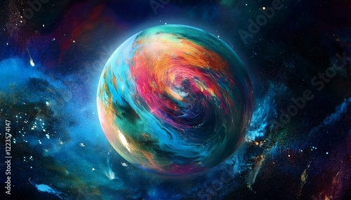 암흑 공간에 떠있는 독특한 색상의 구형 행성