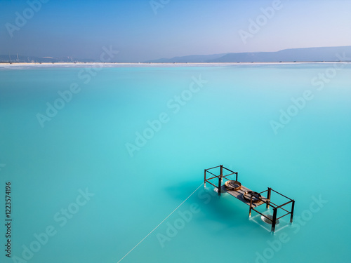 A turquoise tailings pond near a cement factory, surrounded by rugged hills. The vivid water contrasts with the barren land, creating a striking yet industrial scene of environmental impact photo