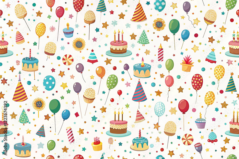 Fototapeta premium Festive birthday party seamless pattern with cakes, balloons, and confetti.