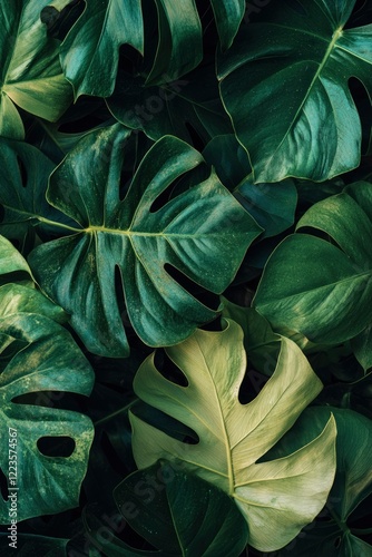 Lush Green Tropical Monstera Leaves Background