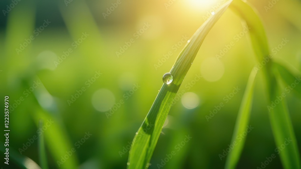 Fototapeta premium Macro photography of a dew drop on a curved grass blade at sunrise