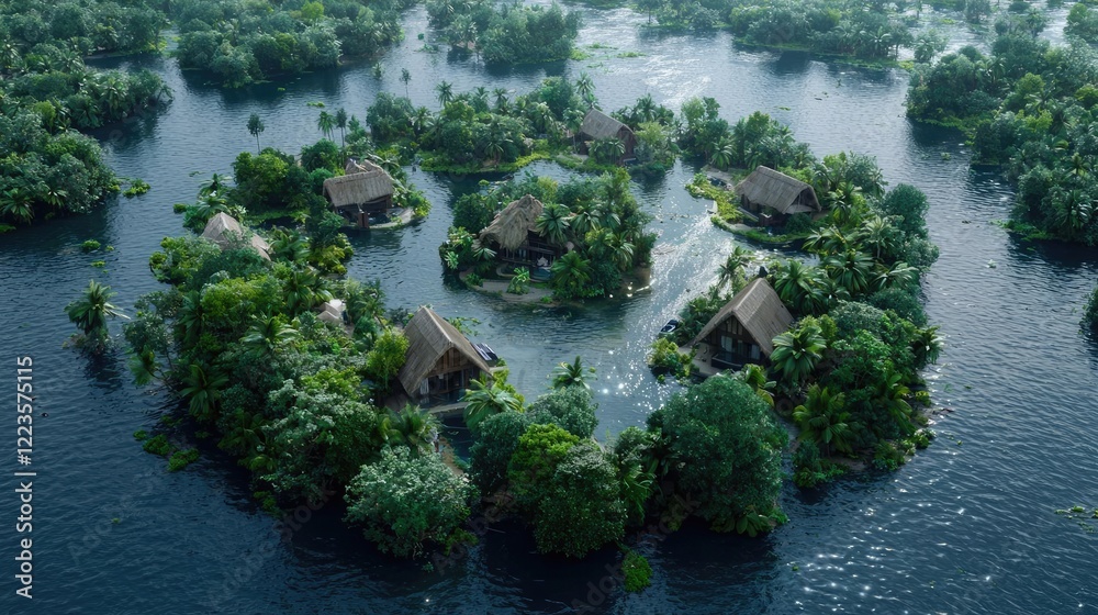 Naklejka premium Aerial view of wooden eco-lodges built on small green islands in a flooded tropical forest during daytime.
