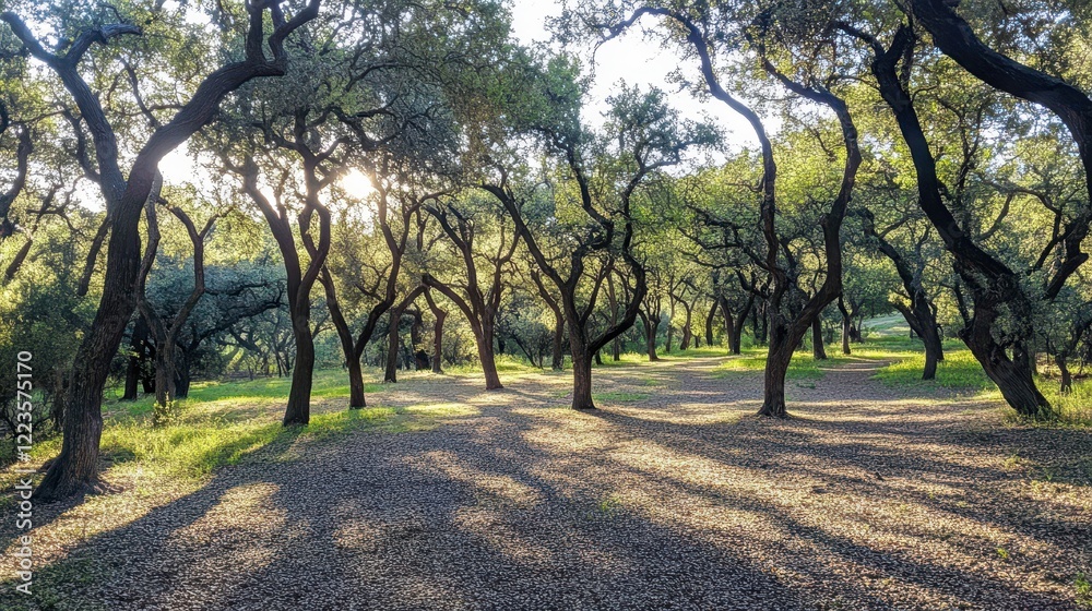Sunlit Grove Path Through Majestic Oak Trees