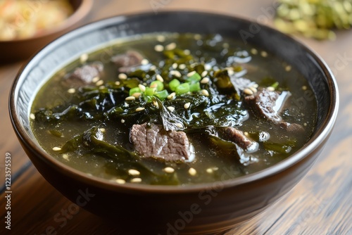 Miyeok guk a soup made with beef and seaweed from Korea photo