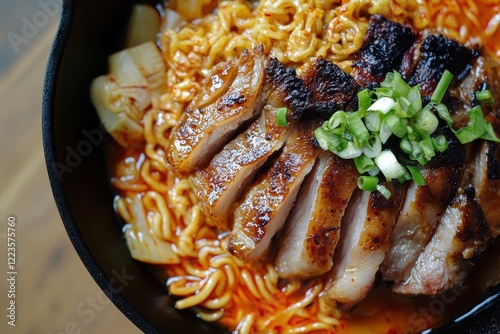 Modern Japanese cast iron dish showcasing traditional Korean kimchi jjigae with grilled pork belly and ramen from above photo