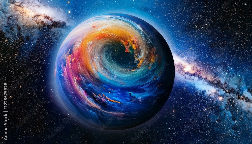Obraz premium 암흑 공간에 떠있는 독특한 색상의 구형 행성