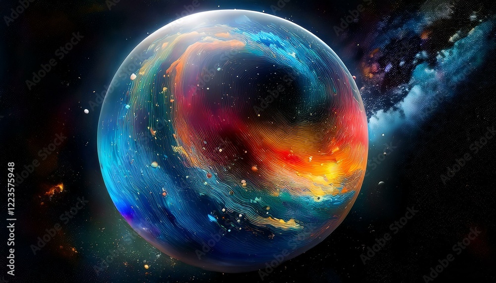 Obraz premium 암흑 공간에 떠있는 독특한 색상의 구형 행성