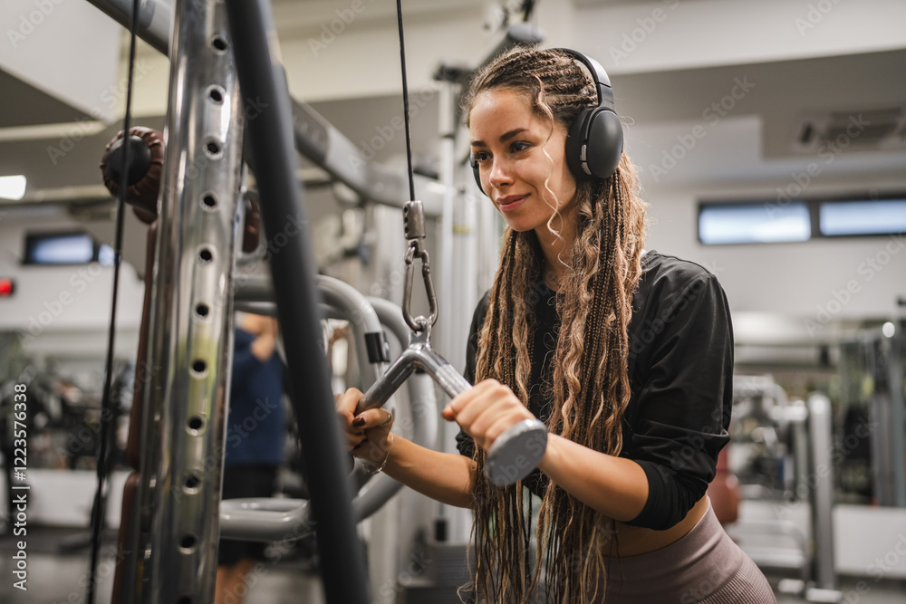 woman workout do cable rope push downs arm exercises on cable machine woman workout do cable rope push downs arm exercises on cable machine