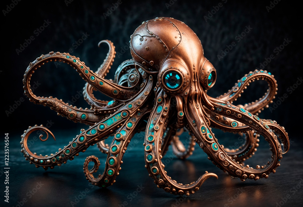 Naklejka premium metal steampunk octopus made of bronze, copper and irisdescent metal - generated by ai