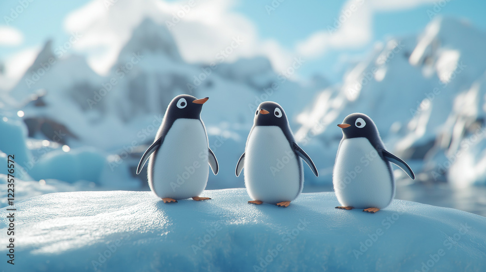 Obraz premium Three Adorable Animated Penguins Standing on Ice with Snowy Mountain Backdrop