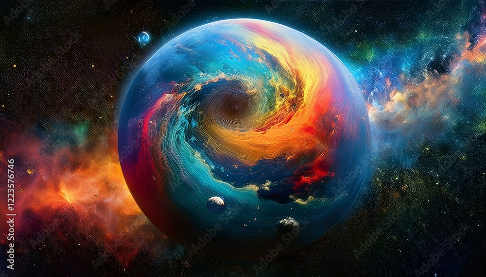 Obraz premium 암흑 공간에 떠있는 독특한 색상의 구형 행성
