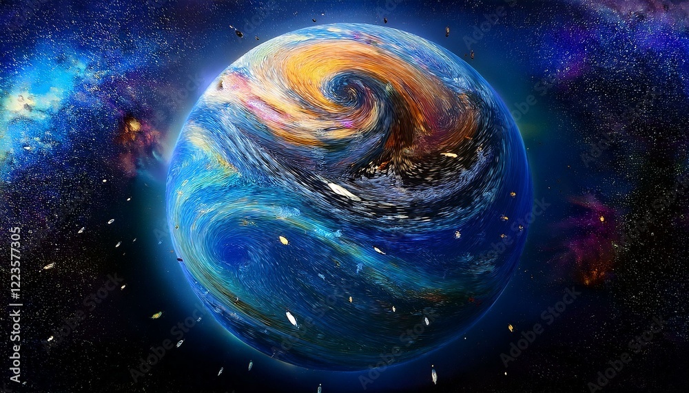 Obraz premium 암흑 공간에 떠있는 독특한 색상의 구형 행성