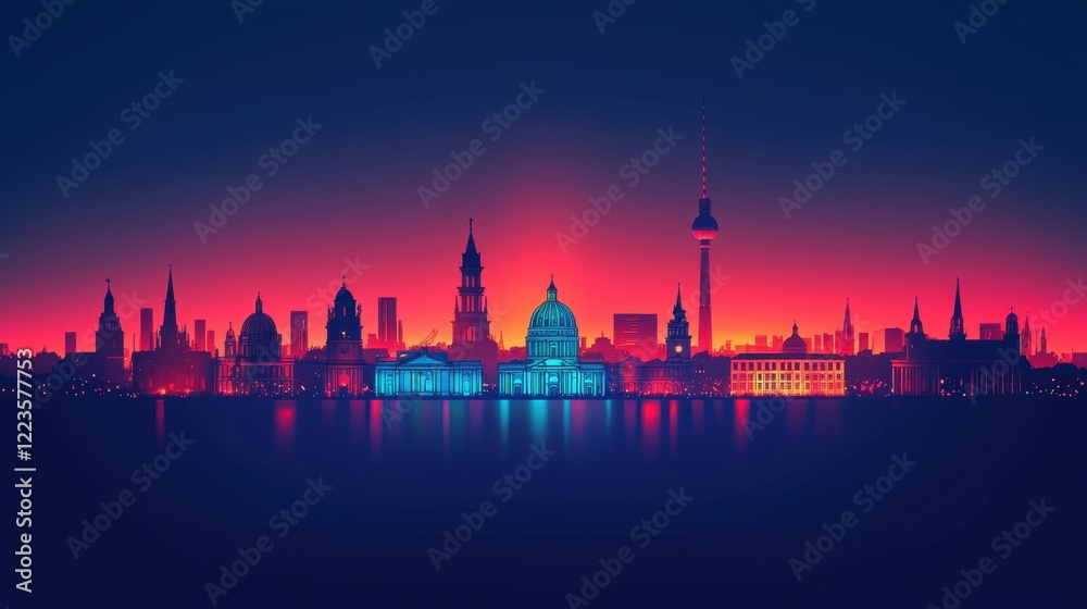 A stunning skyline view at dusk features iconic architecture silhouetted against a gradient sky. The buildings are illuminated in vibrant colors, reflecting on the water A stunning skyline view at dusk features iconic architecture silhouetted against a gradient sky. The buildings are illuminated in vibrant colors, reflecting on the water