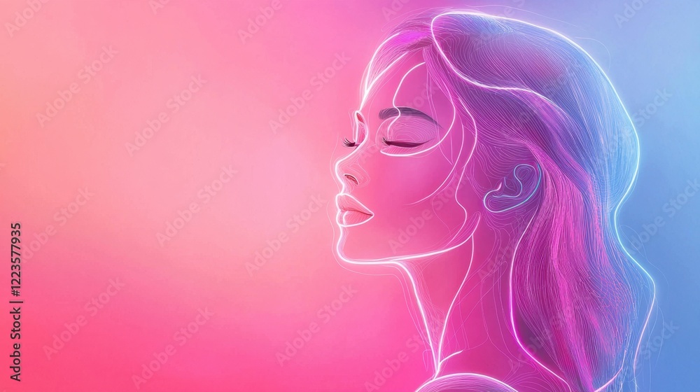 A woman stands with her eyes closed, exuding calmness in a mesmerizing pink and blue gradient backdrop. Her glowing outline emphasizes her features, creating a dreamlike atmosphere A woman stands with her eyes closed, exuding calmness in a mesmerizing pink and blue gradient backdrop. Her glowing outline emphasizes her features, creating a dreamlike atmosphere