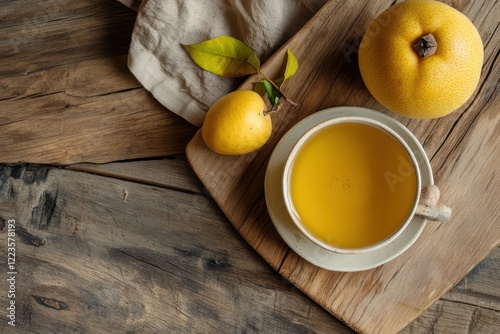 Wallpaper Mural overhead and zoomed in perspective of a yellow quince and quince tea on a cutting board on wooden floor South Korea Torontodigital.ca