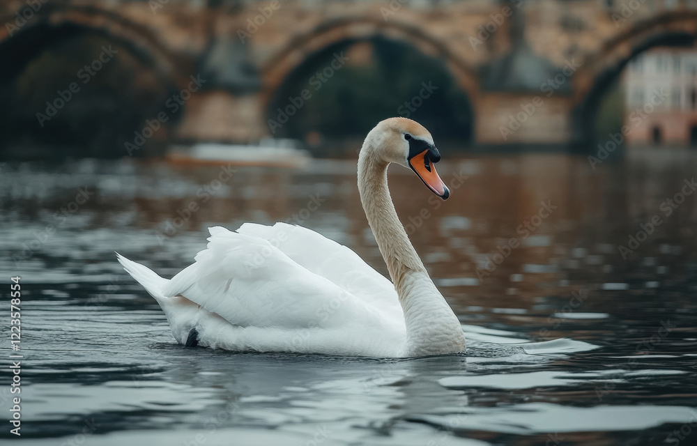 Fototapeta premium Elegant white swan gracefully swimming on a tranquil river beneath an ancient stone bridge at dusk