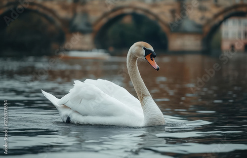 Elegant white swan gracefully swimming on a tranquil river beneath an ancient stone bridge at dusk photo