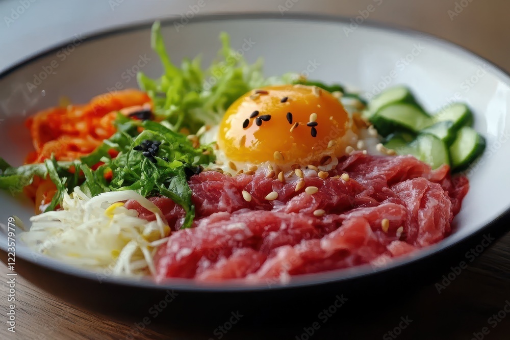 Raw beef bibimbap in Korean style Raw beef bibimbap in Korean style