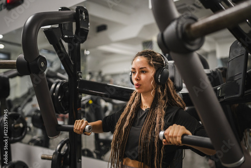 young sporty woman do chest exercise on chest press machine at gym