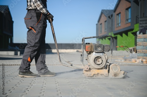 Landscaping worker using vibratory tamping machine plate compactor on a new patio driveway pavement to apply Polymeric sand to fill joint