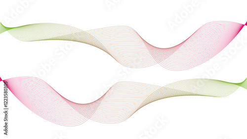 Vector curvy abstract line art wavy flowing dynamic green pink white background in concept music or sound, wave, wind, information flow	