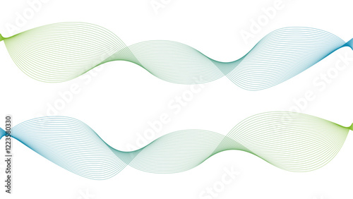 Vector curvy abstract line art wavy flowing dynamic green blue white background in concept music or sound, wave, wind, information flow	