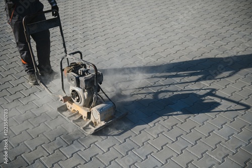 Male Worker using vibratory plate compactor to firm soil at worksite. builder. After laying of paving slabs, compacts paving stones with a gasoline vibratory compactor for subsequent photo