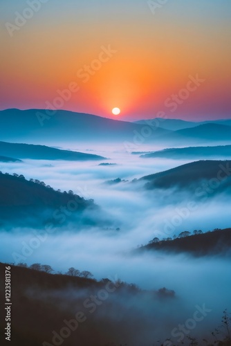 A serene vertical photograph of a sunrise over a mist-covered valley, featuring a vibrant sky gradient, warm sunlight, rolling hills, and ethereal fog for a tranquil ambiance.