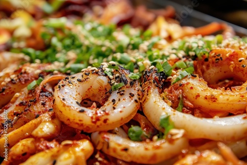 Spicy marinated squid and cheese with vegetables Korean barbecue style Squid Dak Galbi photo