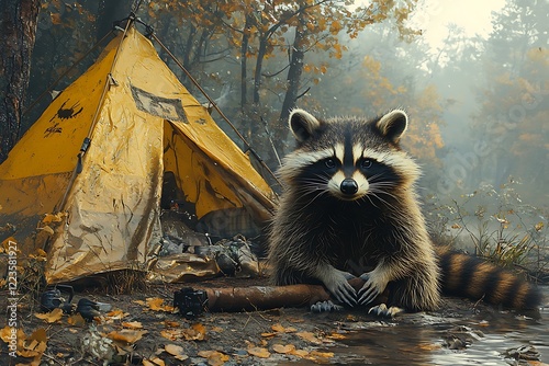 Artistic rendering a bushy-tailed raccoon sneaking into a campsite in search snacks photo