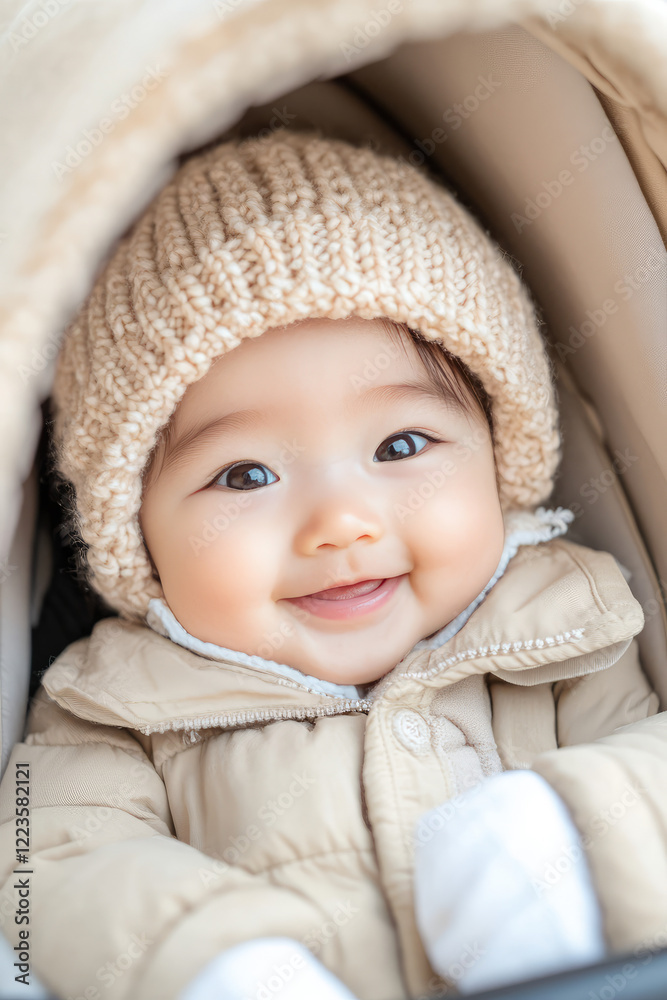 Cute smiling Baby in stroller, pram. Little kid in knitted hat and jacket in pushchair. Infant in buggy. Cute smiling Baby in stroller, pram. Little kid in knitted hat and jacket in pushchair. Infant in buggy.