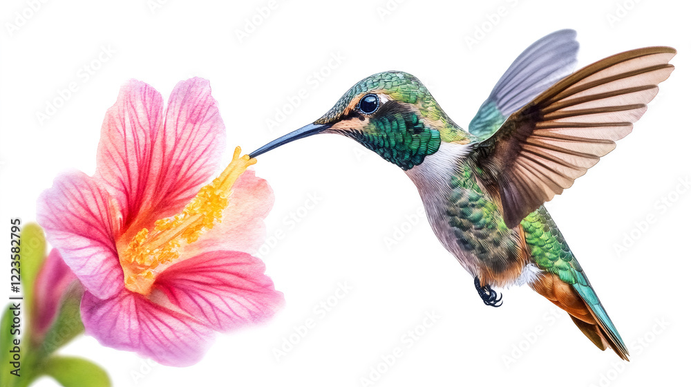 Fototapeta premium Vibrant hummingbird feeding on pink hibiscus flower