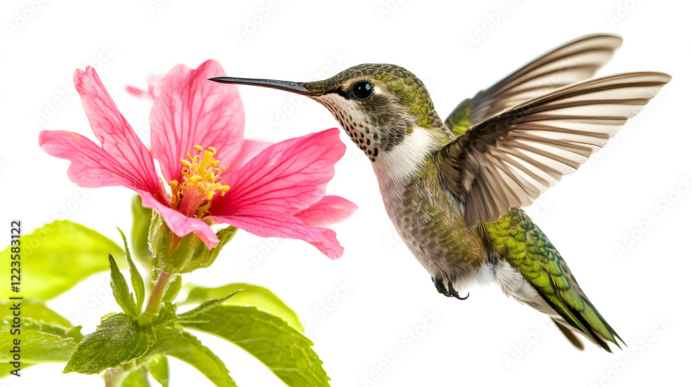 Naklejka premium Hummingbird hovering near vibrant pink flower