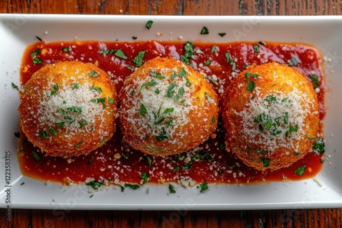 Tasty saffron rice balls filled with gooey cheese garnished with parmesan and parsley served on a rectangular plate with tomato sauce aerial close up photo