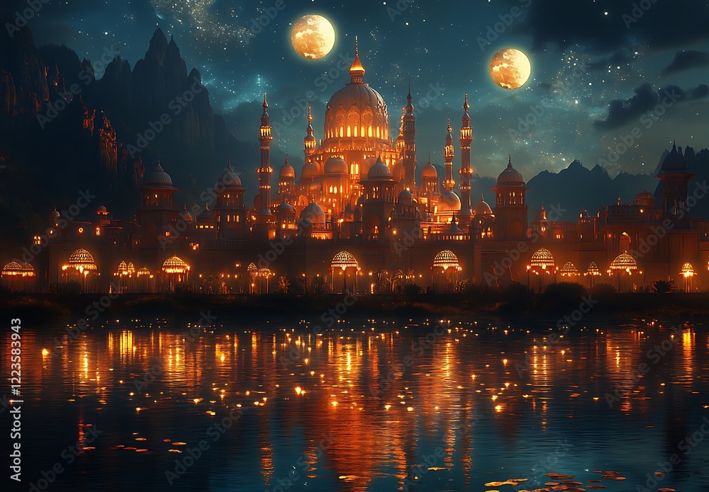Fototapeta premium Fantasy cityscape at night with illuminated domes, reflecting on water under a starry sky with two moons